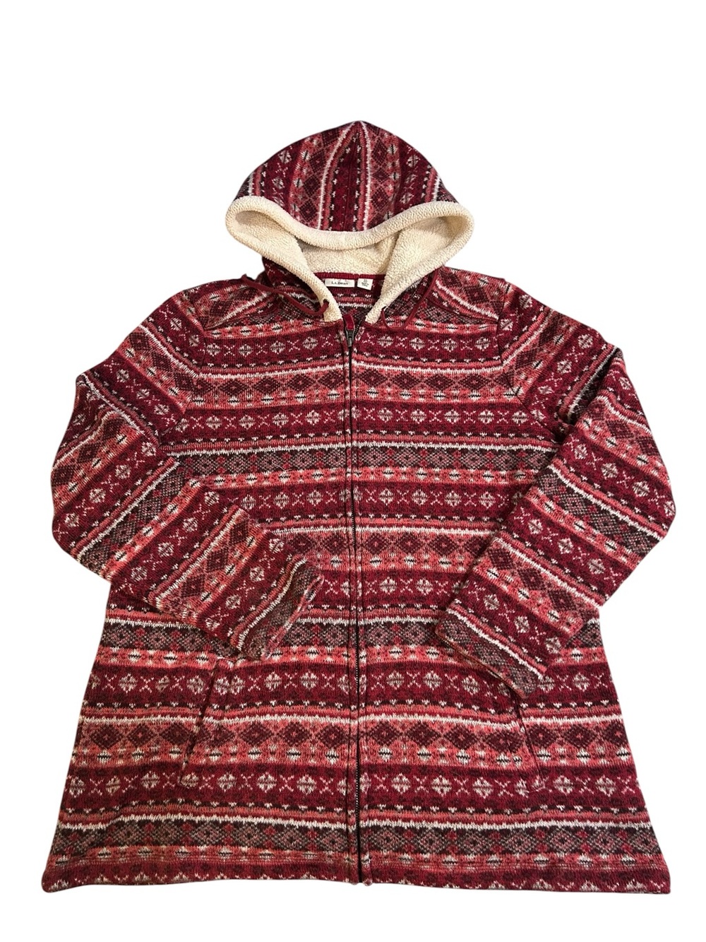 L.L.Bean Red, Coral & White Fair Isle Hooded Zip Sweater